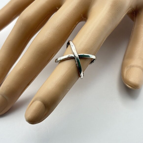 Silver Tone Criss Cross Adjustable Ring Minimalist X Open Design 5.5 - Picture 7 of 7